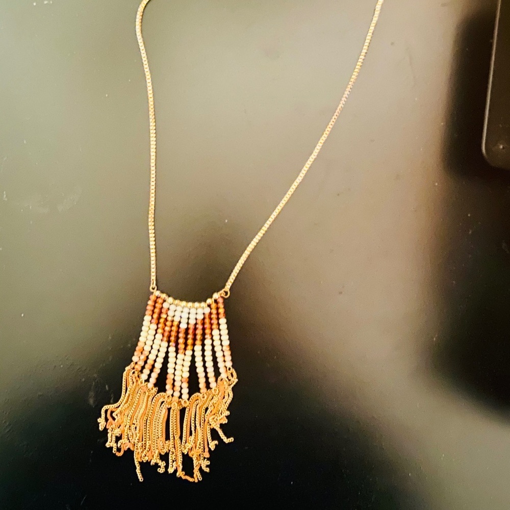 Long chevron gold beaded fringe necklace